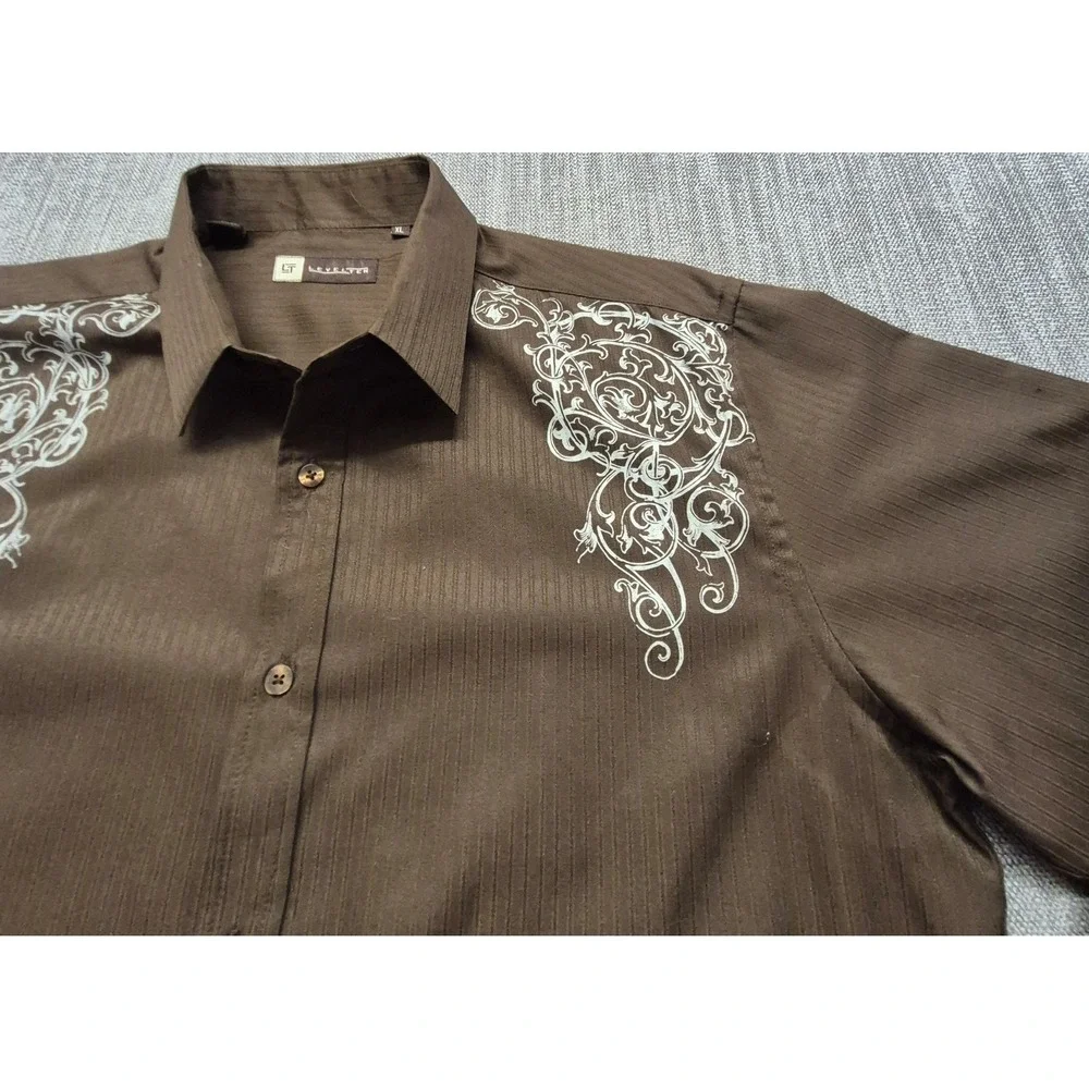 Level Ten men's brown western style shirt XL white details‎ button up rodeo